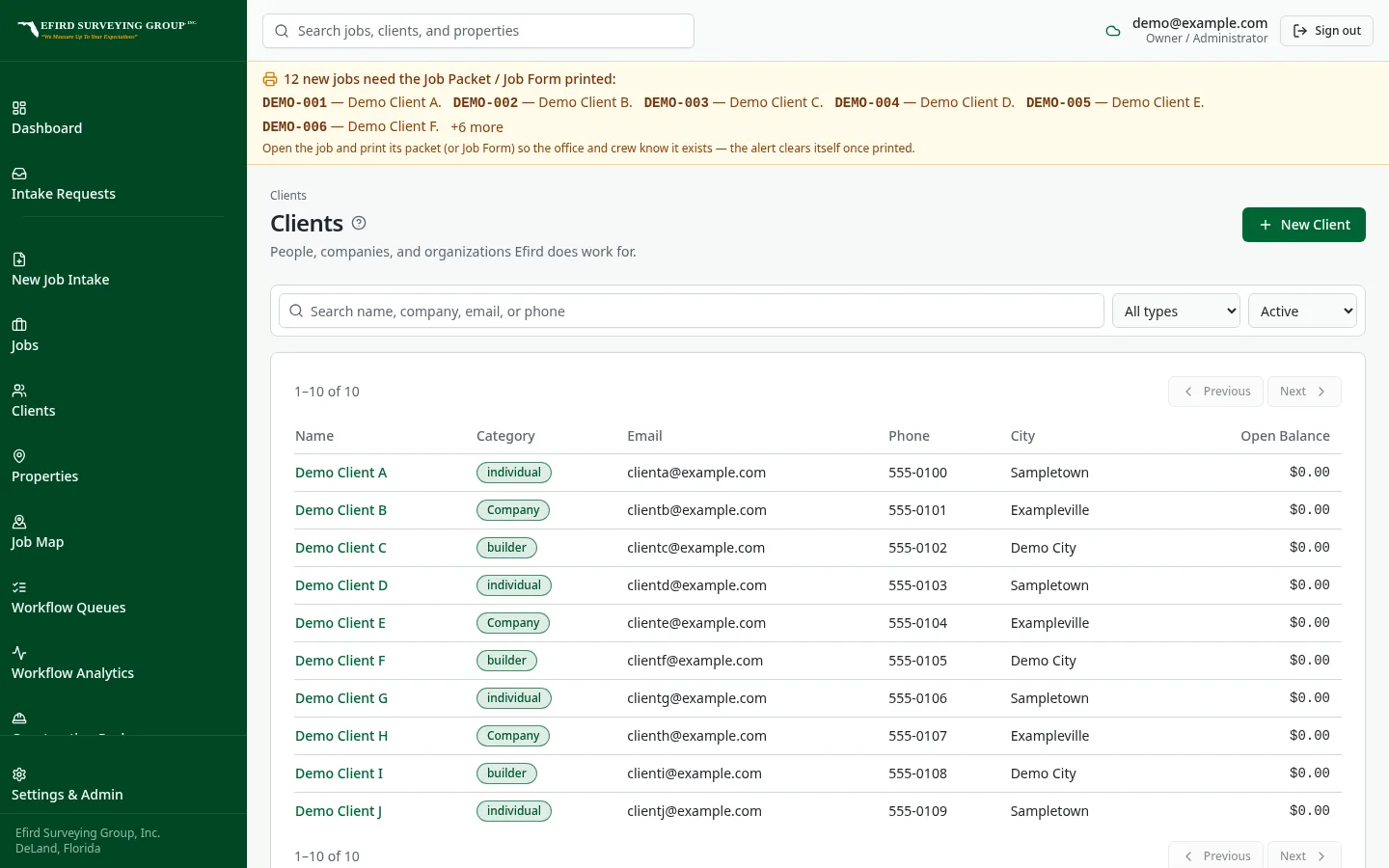Efird Surveying Group custom software: Client directory with search by name, email or phone
