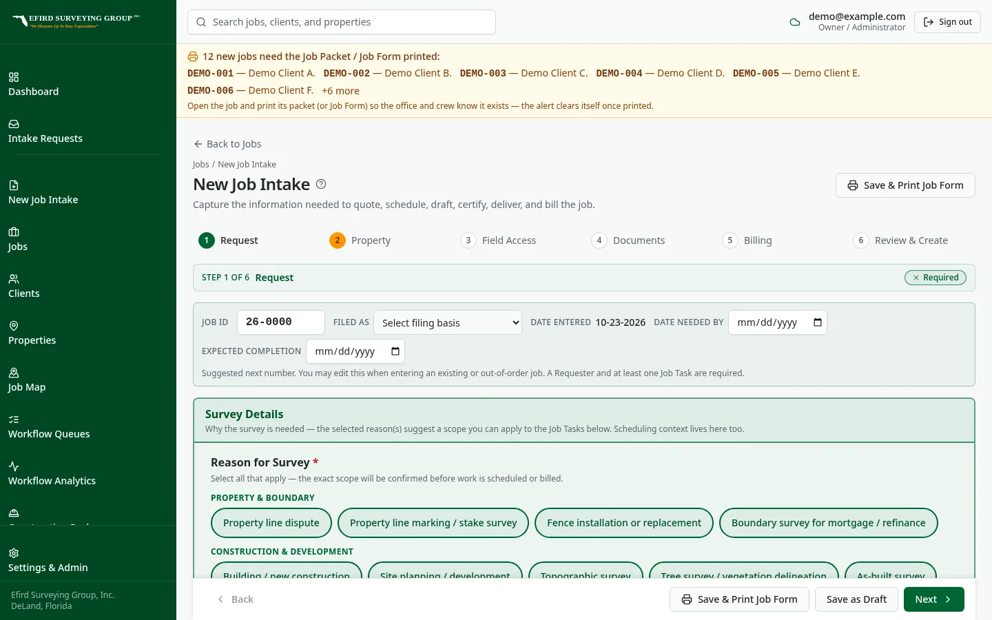 Efird Surveying Group custom software: Step one of the six-step new job intake