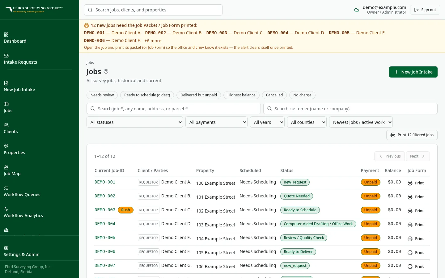 Efird Surveying Group custom software: Jobs list with status, payment and job form columns